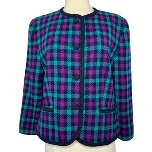 Pendleton Women's Jacket 100% Virgin Wool Purple and Teal Checker Petite Size 12